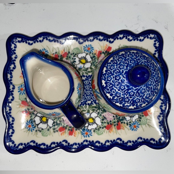 Polish Pottery KAKICH~ UNIKAT set of 3 sugar, bowl cleaner, and Trey - Picture 2 of 9